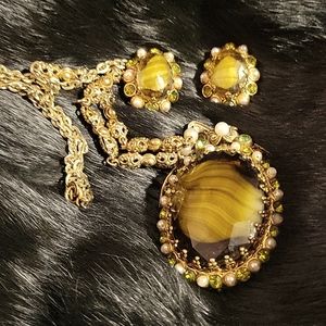 West Germany Green Porphyry Slag Art Glass Enamel Filigree Necklace Earring Set